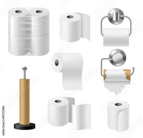 Paper roll holders. Realistic hygiene products kitchen and bathroom accessories, paper towels tapes in rolls, cardboard bushings and metal chrome holder, cellophane packaging vector 3d mockups