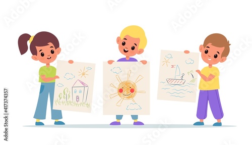 Kids show drawings. Children arts presentation, colourful doodles on paper sheets, girl and boys hold their painting works. School and kindergarten exhibition vector isolated concept