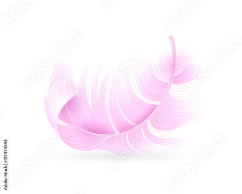 Pink feather. Exotic bird, flamingo or parrot realistic flying fluff, bird soft bright falling twirled plumage, decor element for design vector object isolated on white background
