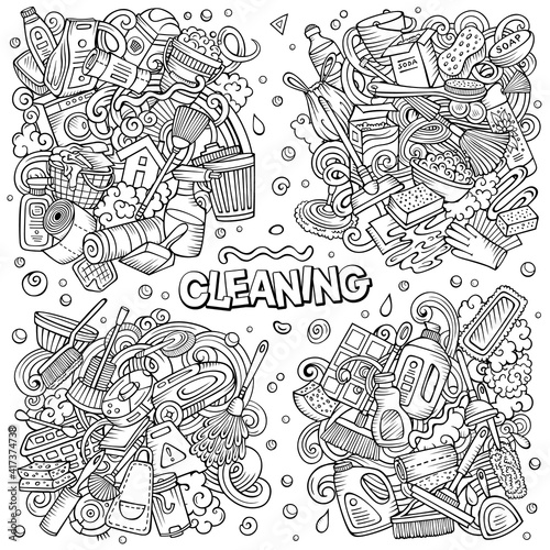 Cleaning cartoon vector doodle designs set.