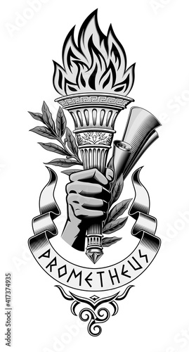 Torch with the fire of Prometheus and a laurel branch with parchment rolls. The inscription on the ribbon Prometheus and the triskeleon pattern. Monochrome version.