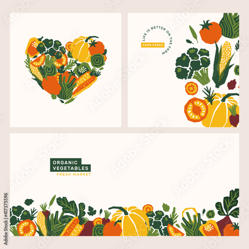 Organic papercut vegetables banner. Colored farm vegetables design templates. Pepper, pumpkin, tomato, corn, fennel, beet. Heart shape. 