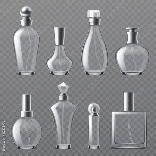 Realistic perfume bottle. Transparent empty bottles various shapes, glass containers with dispenser spray, cosmetic packaging collection. Vector isolated on transparent background set