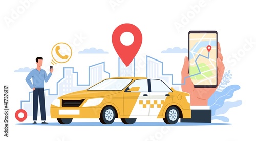 Taxi service. Man with smartphone on city landscape, screen app using, hand holds phone, city map with online geotags taxi point, find and call yellow car. Urban transport vector concept