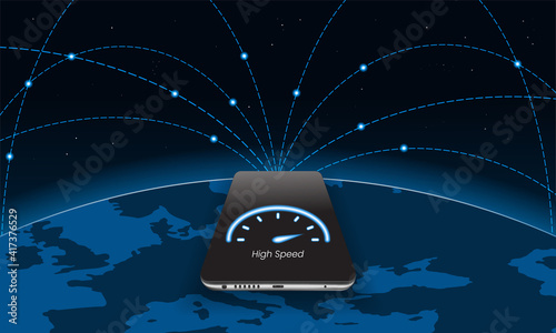 Satellites revolve around the earth and distribute the Internet to mobile phone. Satellite internet concept. Connect to the World Wide Web from anywhere on earth. Starry sky. 3d realistic vector