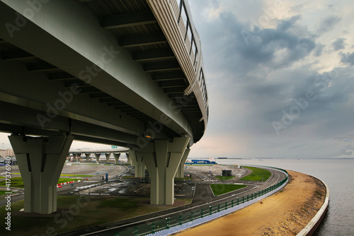 a new district in St. Petersburg. river, bridge, new building.