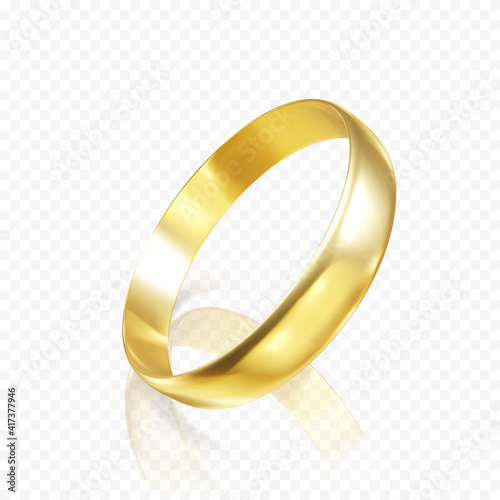 Realistic gold wedding ring. 3D render of golden ring with shadow and reflection. Vector illustration