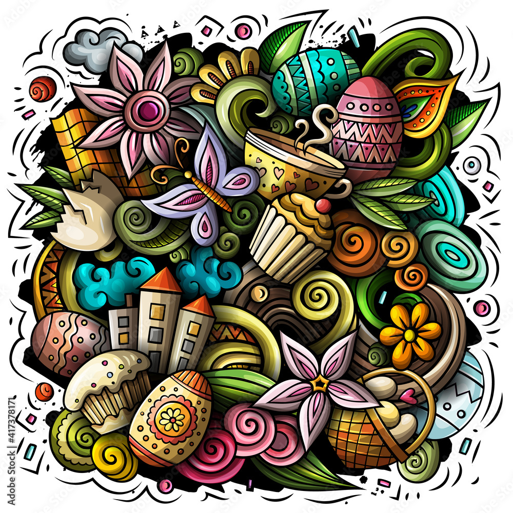 Happy Easter vector doodles illustration. Color funny picture.