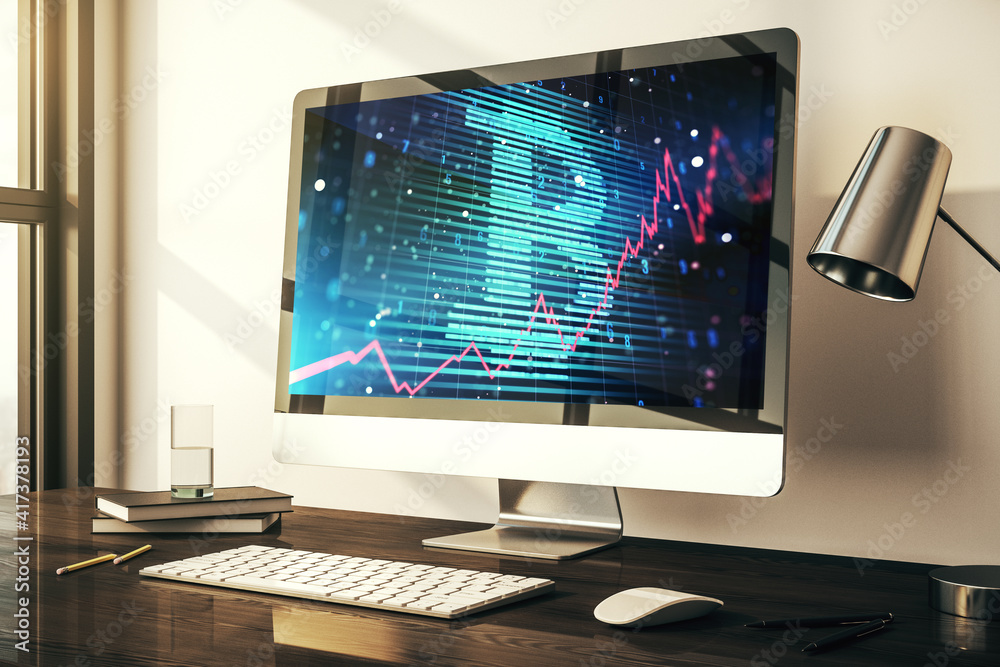 Modern computer display with creative Bitcoin symbol hologram. Mining and blockchain concept. 3D Rendering Modern computer display with creative Bitcoin symbol hologram. Mining and blockchain concept. 3D Rendering