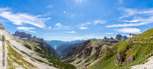 Super panorama of the valley with the Lake Misurina (Lago di Misurina) and National Park Tre Cime di Lavaredo. Italy