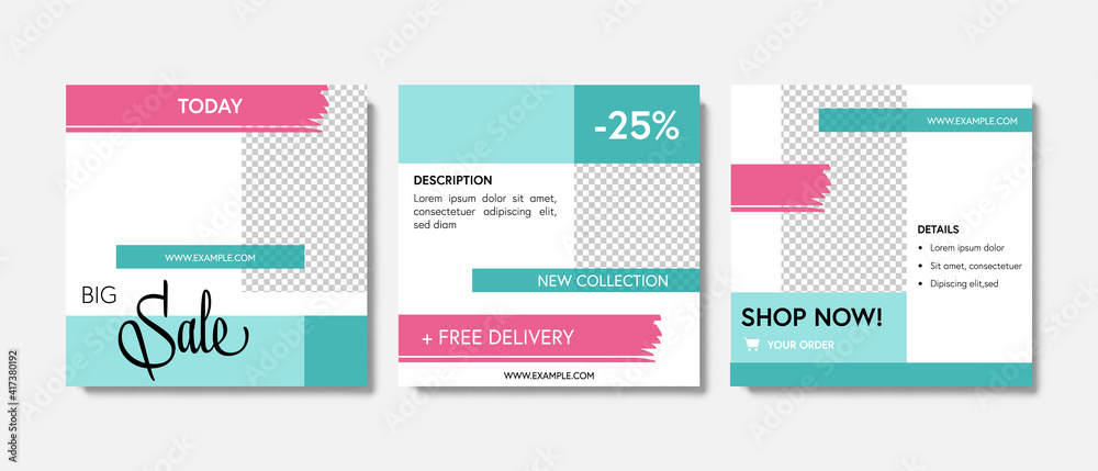 Clean, elegant square web banner for social media post. Instagram template with pink, green and blue design elements. Business layout for e-shop or seller. Place for photo, shop offer, sale
