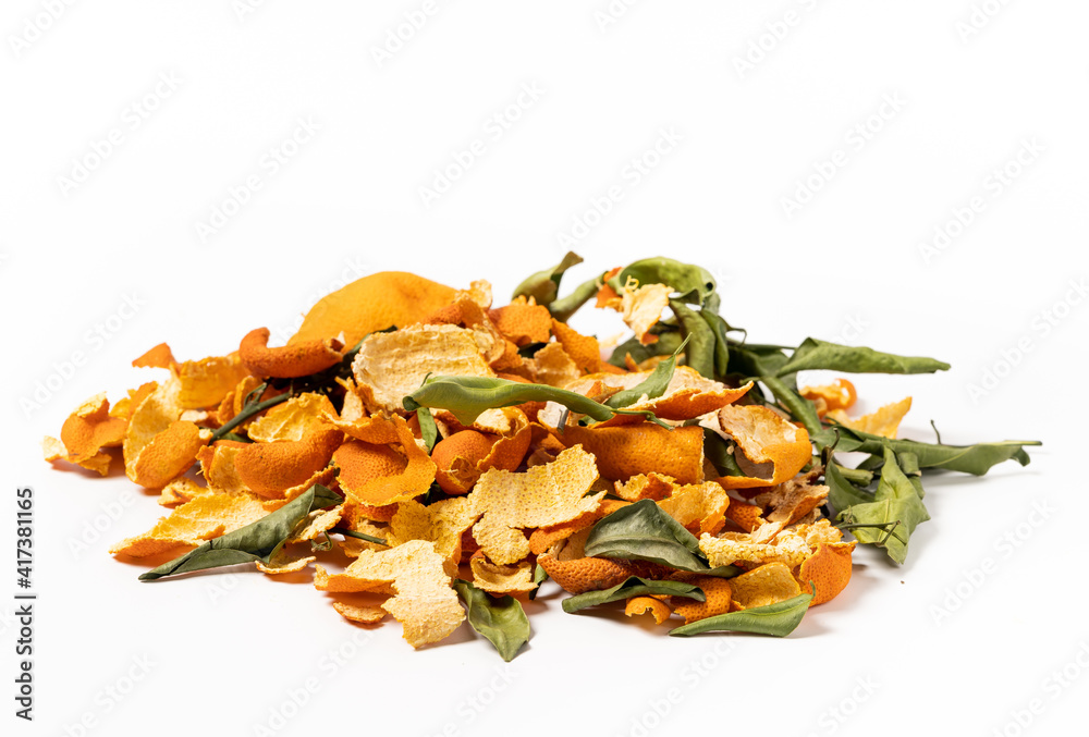 Fresh tangerine peel on pure white background Fresh tangerine peel on pure white background