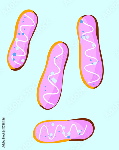 eclairs or choux pastries with pink sweet fondant on a blue background.