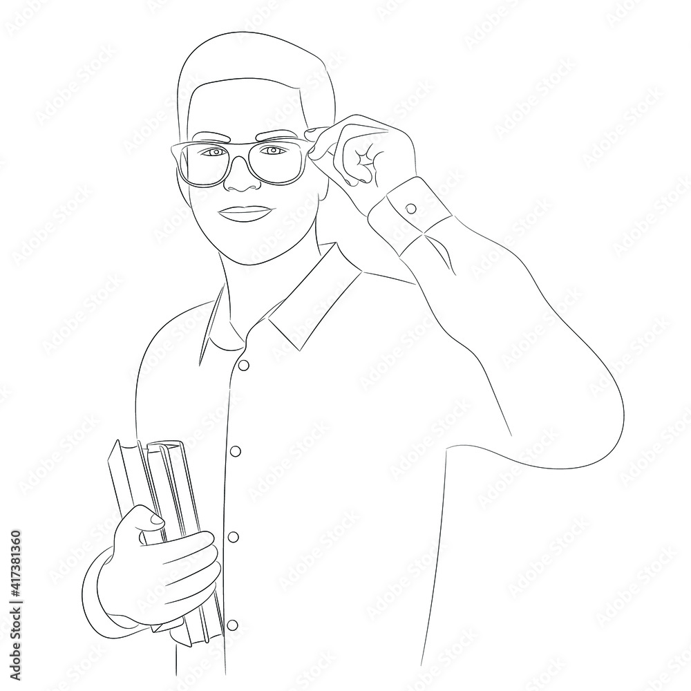 Sketch portrait of a guy who holds books with one hand and straightens his glasses with the other Sketch portrait of a guy who holds books with one hand and straightens his glasses with the other