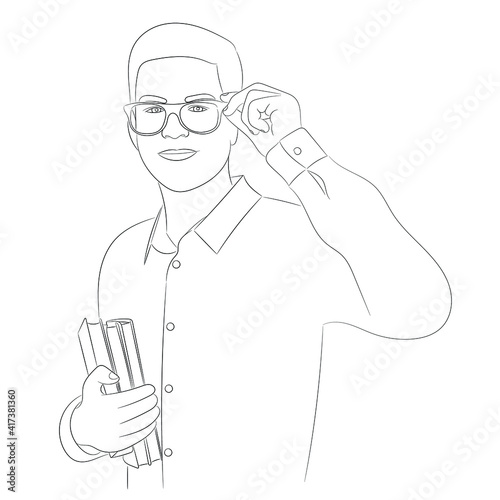 Sketch portrait of a guy who holds books with one hand and straightens his glasses with the other