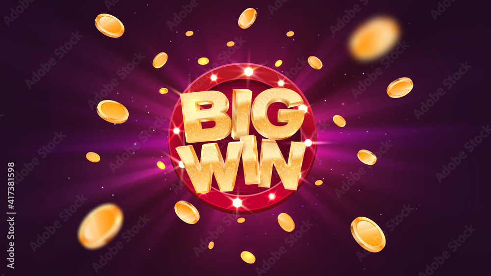 Big win gold text on retro red board vector banner. Win congratulations in frame illustration for casino or online games. Explosion coins on purple background.