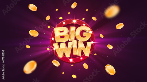 Big win gold text on retro red board vector banner. Win congratulations in frame illustration for casino or online games. Explosion coins on purple background. photo