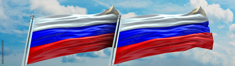 Russia Flag and Russia Flag waving with texture in Blue sky and clouds ...