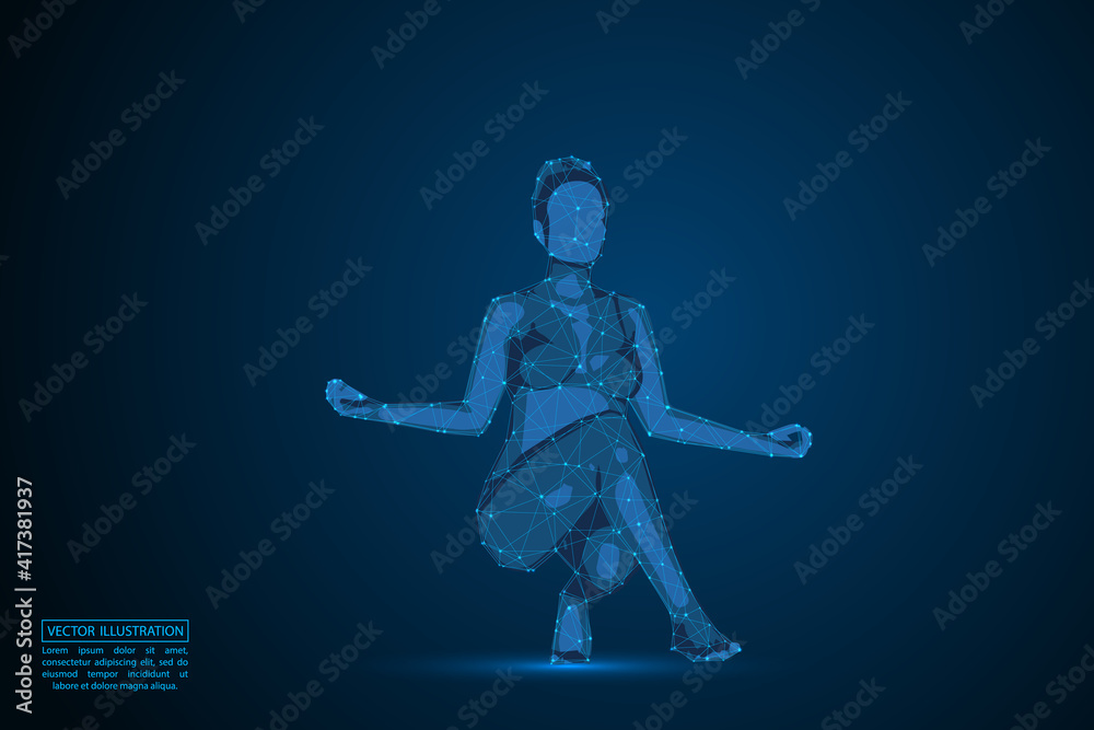 Woman yoga fitness. Abstract consists 3d of triangles, lines, dots and connections. On a dark blue background cosmic universe stars. Vector illustration eps 10.