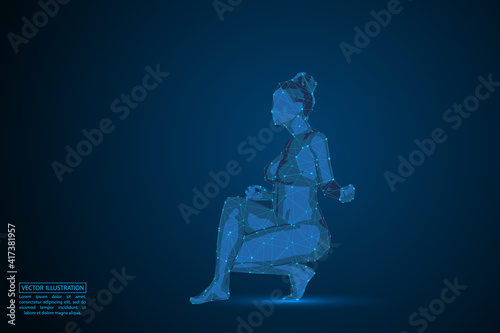Woman yoga fitness. Abstract consists 3d of triangles  lines  dots and connections. On a dark blue background cosmic universe stars. Vector illustration eps 10.