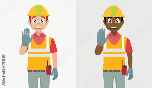 Engineer man showing palm as stop stay gesture or refusal denial sign