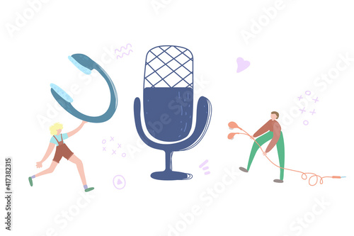podcast show hand drawn flat vector illustration. man with headphones and microphone cartoon character. Internet radio broadcasting, multimedia entertainment abstract concept, clubhouse concept,