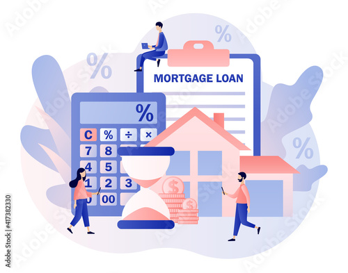 Mortgage loan. House concept. Tiny people buying home and pay credit to bank. Investment money in real estate property. Modern flat cartoon style. Vector illustration on white background
