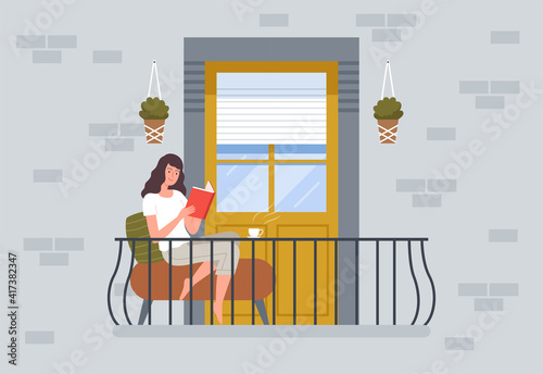 Woman reading on balcony. People relax sitting on chair in modern balcony building exterior vector background. Comfort terrace for coffee and reading book illustration