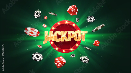 Win jackpot online casino leisure games vector illustration. Winning in gamble game. Chips and dice falling on green sun burst background