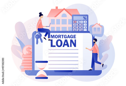 Mortgage loan online. House concept. Tiny people buying home and pay credit to bank use laptop. Investment money in real estate property. Modern flat cartoon style. Vector illustration 