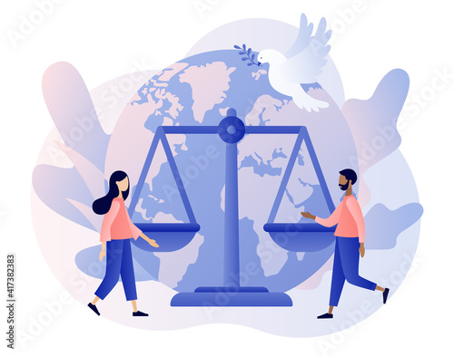 Human rights concept. World Social justice day. Scales as symbol of equality, freedom and love. Tiny people for tolerance and respect.Modern flat cartoon style. Vector illustration on white background