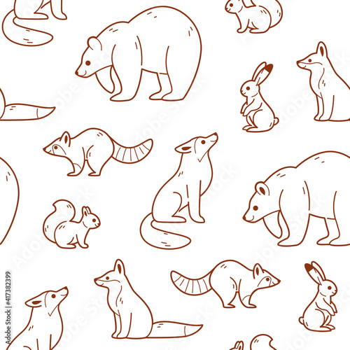 Simple seamless trendy line pattern with forest animal - fox  hare  bear  wolf  raccoon  squirrel. Cartoon illustration.