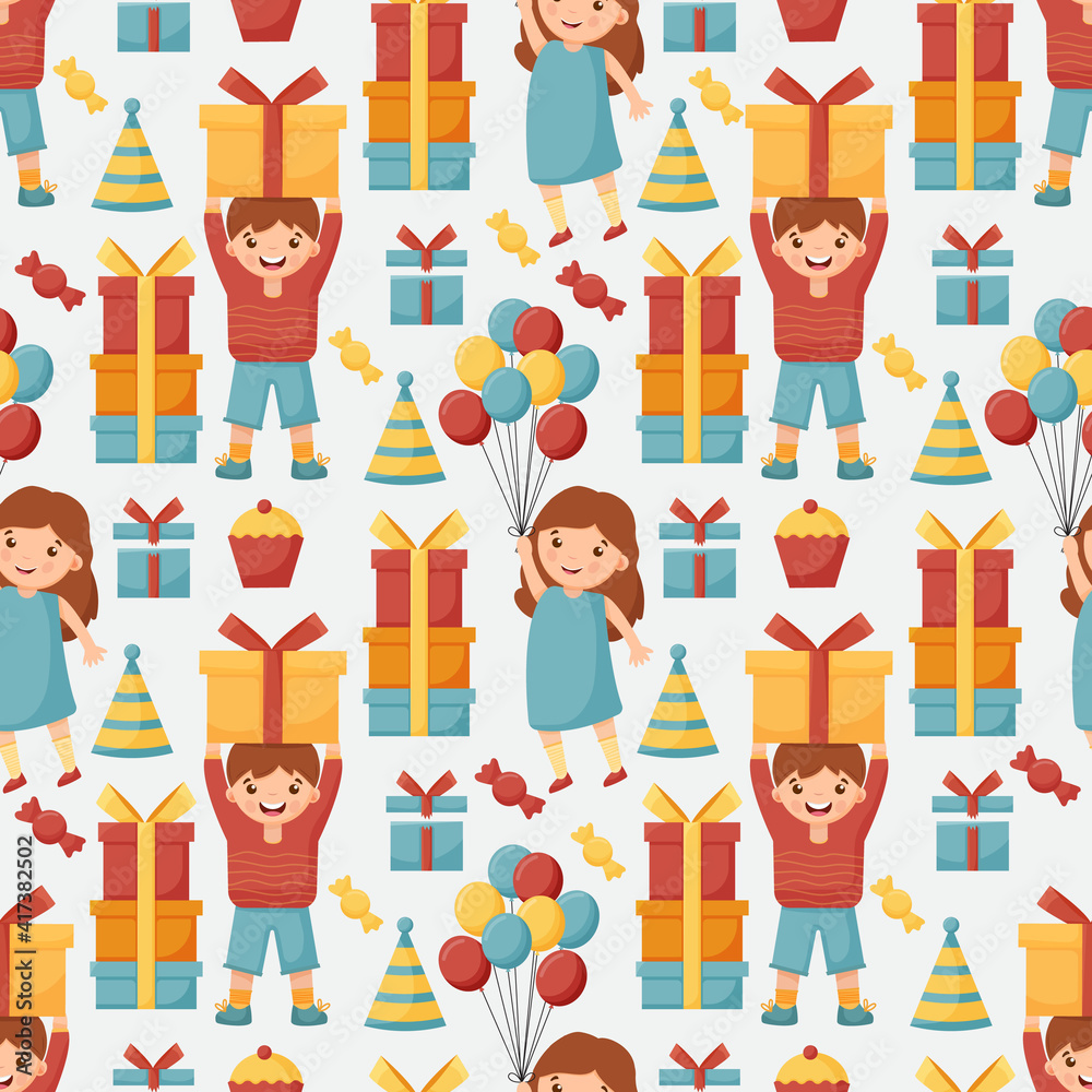 Birthday gift boxes, garlands flat vector seamless pattern. Hand drawn background for a party, holiday for children Birthday gift boxes, garlands flat vector seamless pattern. Hand drawn background for a party, holiday for children