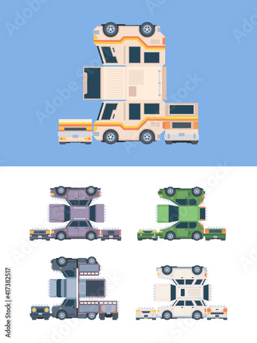 Paper craft car. Vehicles template from glue and cardboard preschooler child occupation garish vector models. Illustration car craft model, education preschool cutout