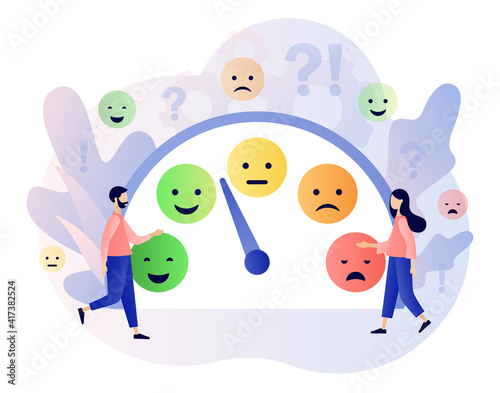 Mood concept. Emotions scale. Excellent, good and normal, bad and awful. Tiny people leave feedback. Emoji set for mood tracker. Modern flat cartoon style. Vector illustration on white background