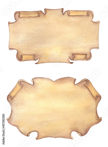 Watercolor Old vintage scroll papers. Banners Medieval royal ribbons.