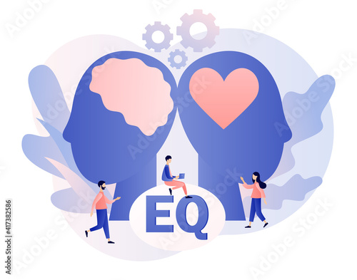 Emotional intelligence. Heart and brain as symbol of balance. Tiny people exploring inner personality. Love, mind, logical. Modern flat cartoon style. Vector illustration on white background