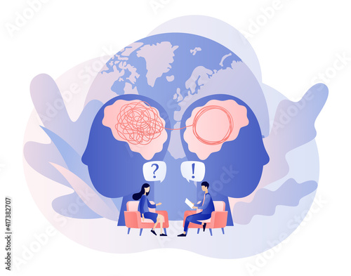 Psychology without borders. Tiny psychologist and patient. World mental health day. Psychotherapy practice, psychological help, psychologist service. Modern flat cartoon style. Vector illustration