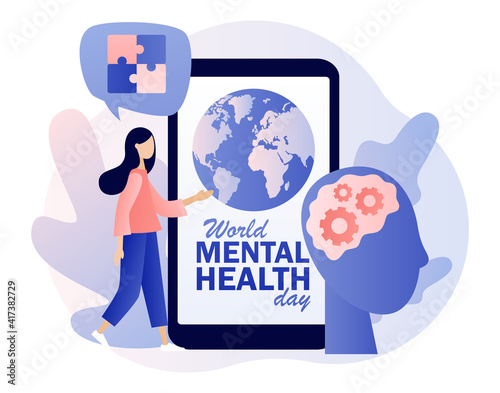 World mental health day. Psychologist online. Psychology without borders.Psychotherapy practice, psychological help, psychologist service.  Modern flat cartoon style. Vector illustration