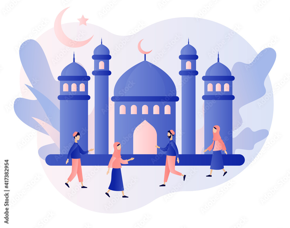 Ramadan Kareem. Mosque and Holy Month. Tiny people greet each other Eid mubarak holiday. Muslim Feast. Modern flat cartoon style. Vector illustration on white background