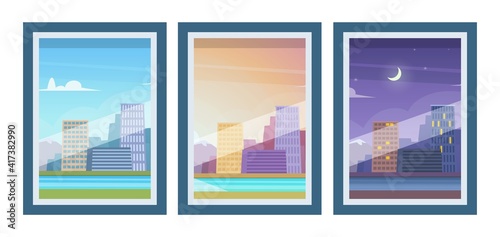 View from windows. Day time, morning evening night downtown. City outside vector illustration. Landscape downtown morning and night time, cityscape architecture panorama