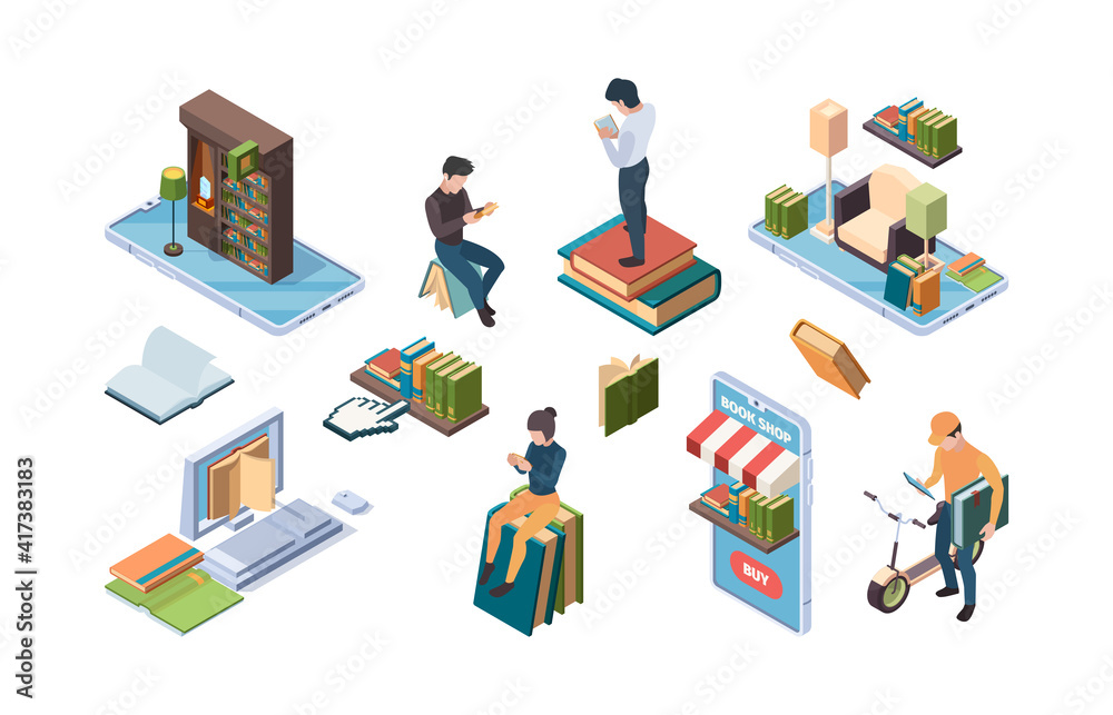 Online library. Isometric books people reading internet dictionary education concept icons garish vector illustrations. Isometric book library online, technology online Online library. Isometric books people reading internet dictionary education concept icons garish vector illustrations. Isometric book library online, technology online