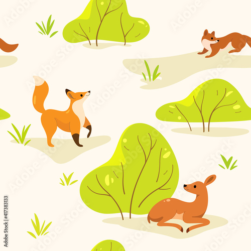 Simple seamless trendy pattern with animal and bushes. Fox, marten, fawn walk about in forest. Cartoon illustration for prints, clothing, packaging and postcards. © Lili Kudrili