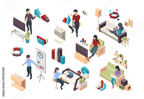 Online work. Live video streaming with remote office workers web conference businessman digital persons webinar garish vector isometric collection set. Online freelance remote workplace illustration