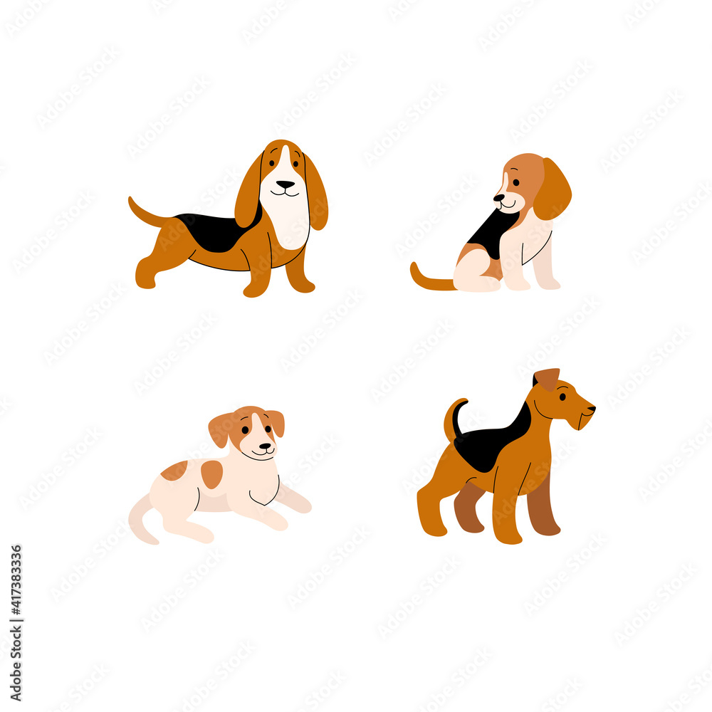 Different breeds of dogs - beagle, basset hound, jack russell terrier, welsh terrier. Cartoon illustration.