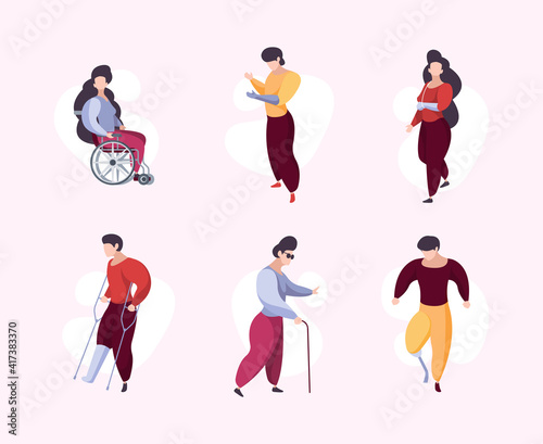 Disabled people. Damaged body parts human wheelchair garish medical concept characters. Illustration disabled person with leg prosthesis