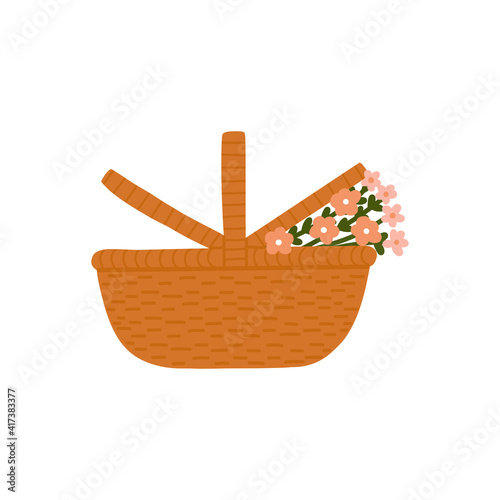 wicker basket with bouquet of flowers illustration. Cute elements spring for card, postcard or poster.
