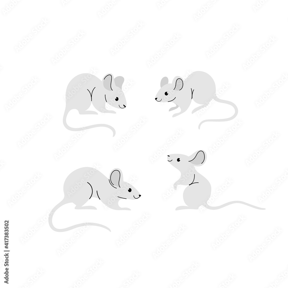 Cartoon mouse icon set. Cute animal character in different poses. Flat illustration for prints, clothing, packaging, stickers.