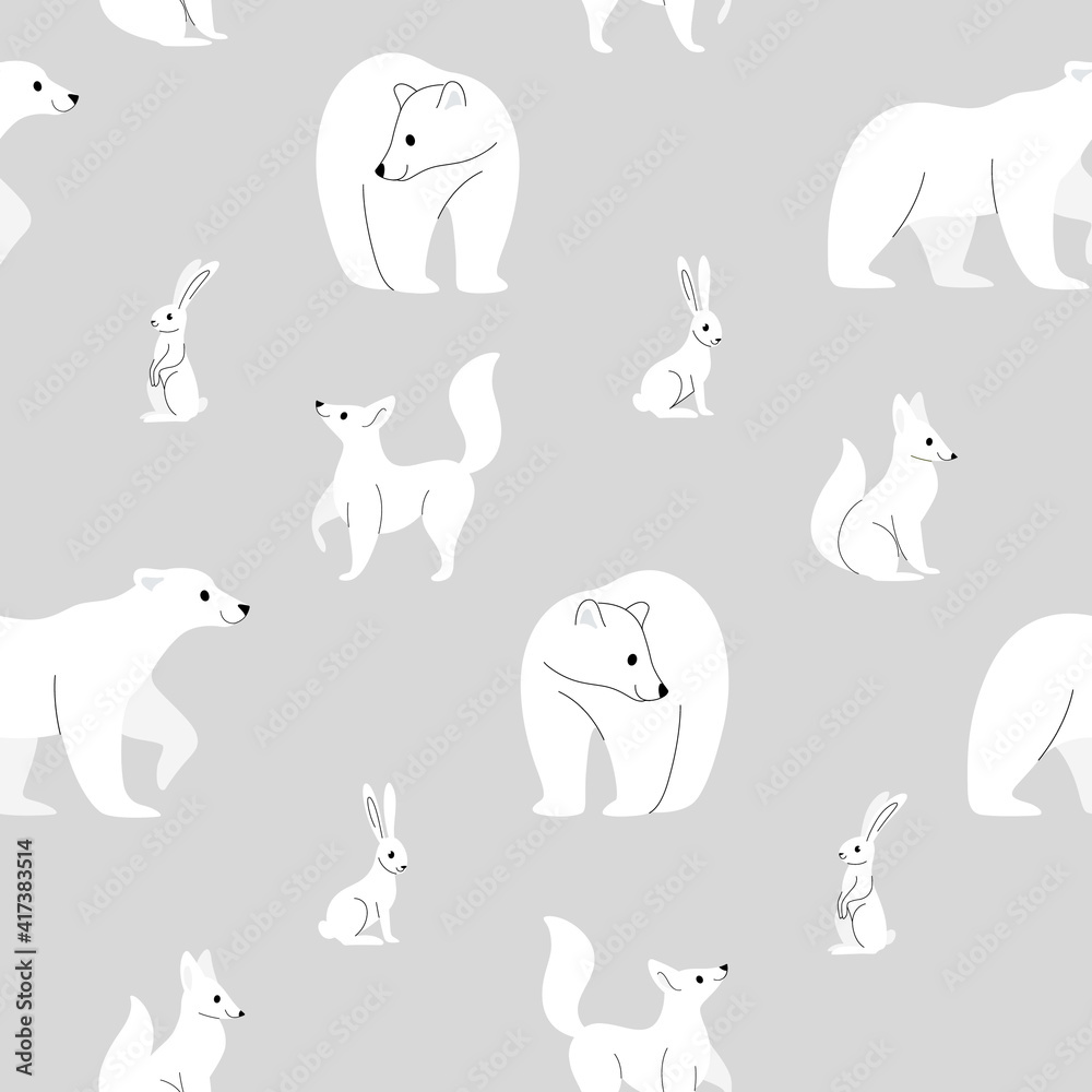 Simple seamless trendy pattern with forest animal - fox, hare and bear. Flat design print in cartoon style.