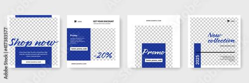 Creative sale social media templates, editable instagram and facebook post layouts with blue accent, classic blue background